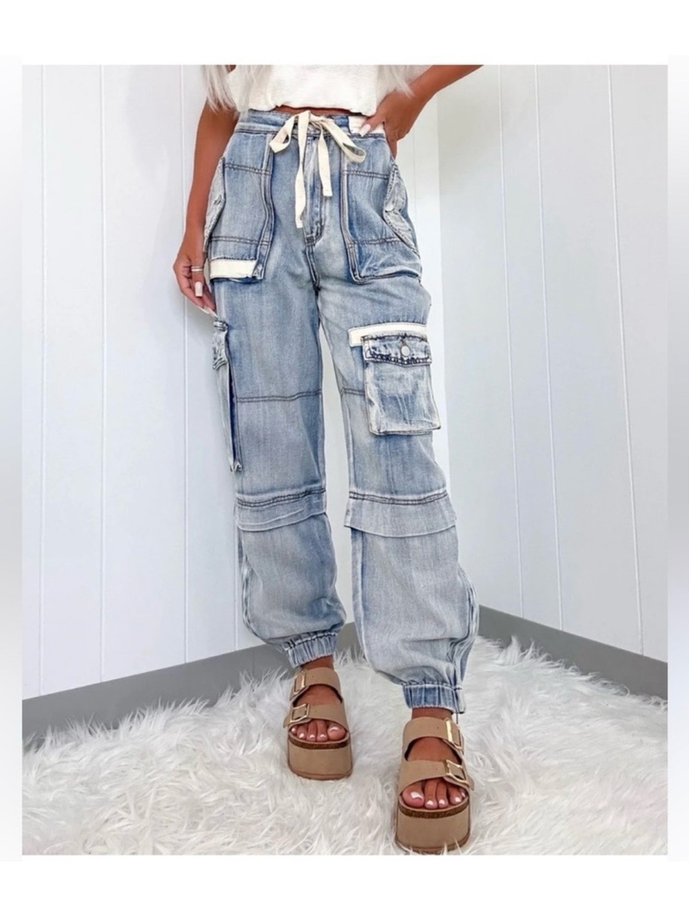 POL Light Blue Cargo Boyfriend Jeans with Drawstring Waist